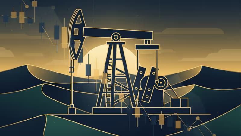 砂漠で稼働する石油ポンプと下落する原油価格チャートのイメージ