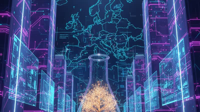 結合學位帽與電路板圖案的數位標誌，象徵學術商業價值