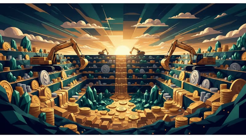 大規模な露天掘り鉱山で稼働する重機と夕焼けの風景