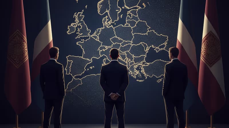 東欧のデジタル地図を見つめる指導者のシルエットと戦略的な会議室の風景