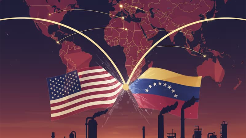 夕暮れ時の石油精製所と、米国の圧力を象徴するイメージ