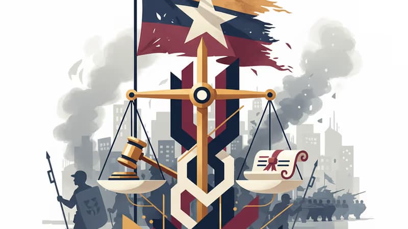 霞んだ都市の風景の中で揺れるミャンマー国旗と抵抗の象徴