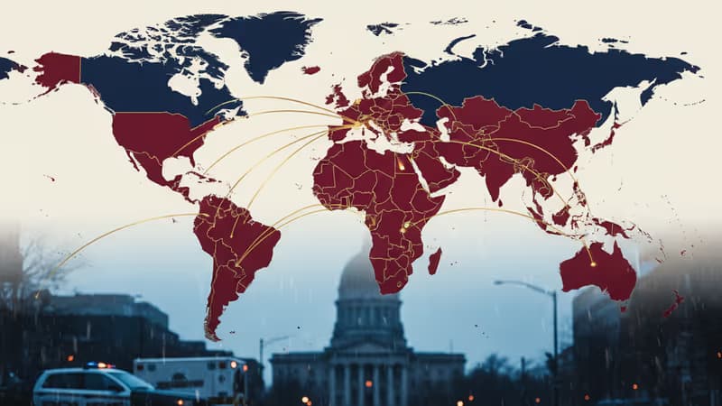 明尼蘇達州法院大樓外，遠處閃爍的警燈與黑夜交織的景象