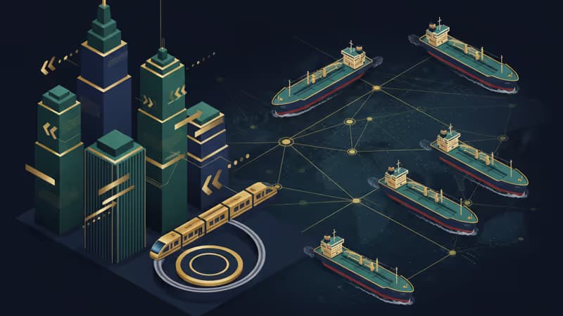 夜の海を進む巨大なタンカーと、戦略的な供給網を示す光のライン