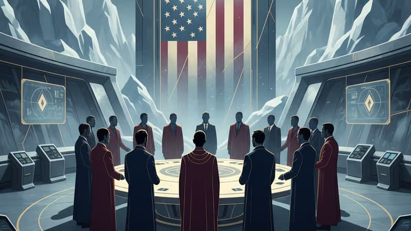 北極圏の氷山を背景にした米国の戦略的軍事・研究拠点のイメージ