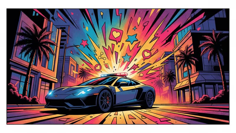 洛杉磯深夜街頭，紅白藍警察巡邏燈閃爍的氛圍圖