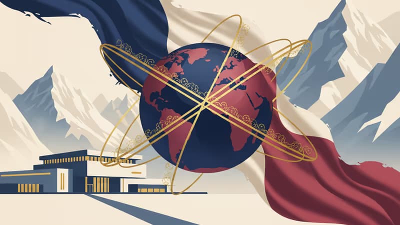 雪に覆われたグリーンランドの風景と、主権を象徴する外交的なイメージ