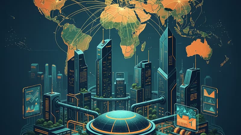 インドの近代的な高層ビルと製造工場の融合イメージ