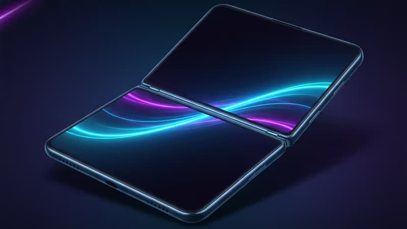 摺疊式 iPhone 的概念渲染圖，展示其大螢幕與薄型設計