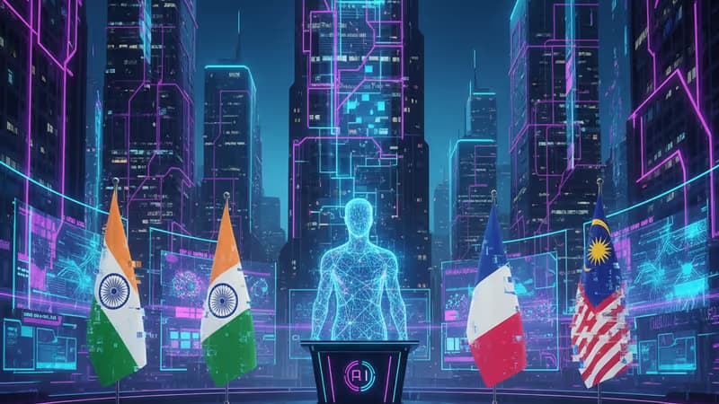 法廷に立つAIのシルエットと各国の国旗、デジタルノイズのイメージ