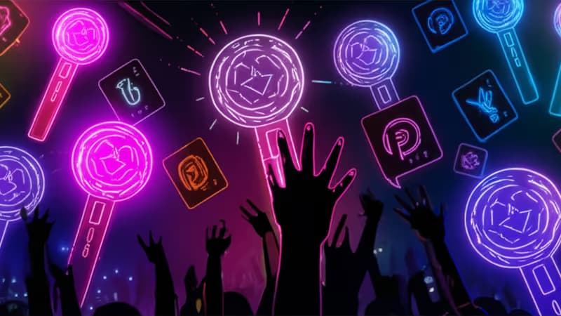 K-popファンダム文化を象徴するペンライトとトレカのイラスト