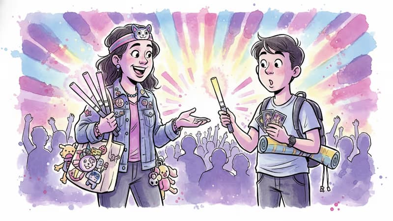 K-pop fandom culture illustration with lightsticks and photocards