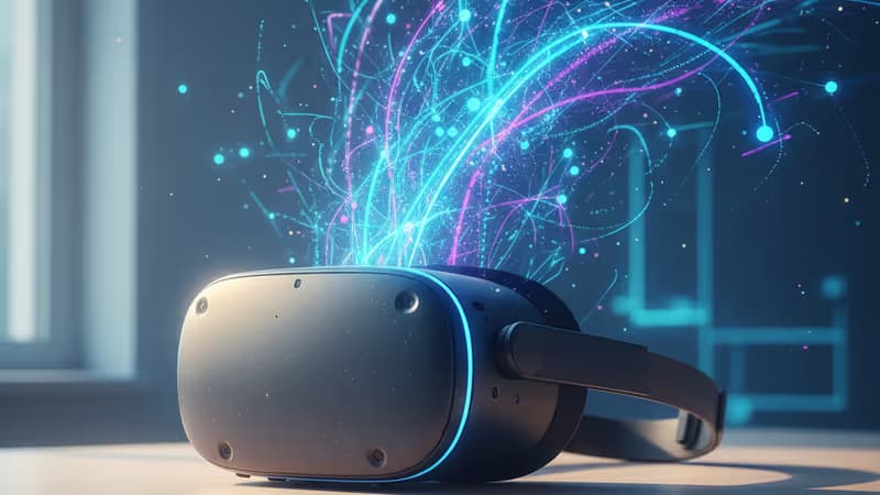 空蕩蕩的辦公桌上放置著一台 Meta Quest 裝置