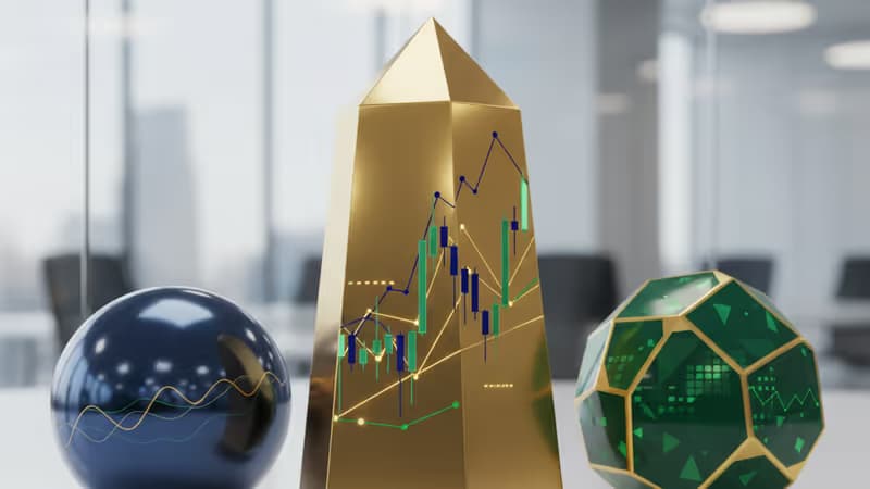 レアアース鉱物標本と上昇する株価チャートの背景
