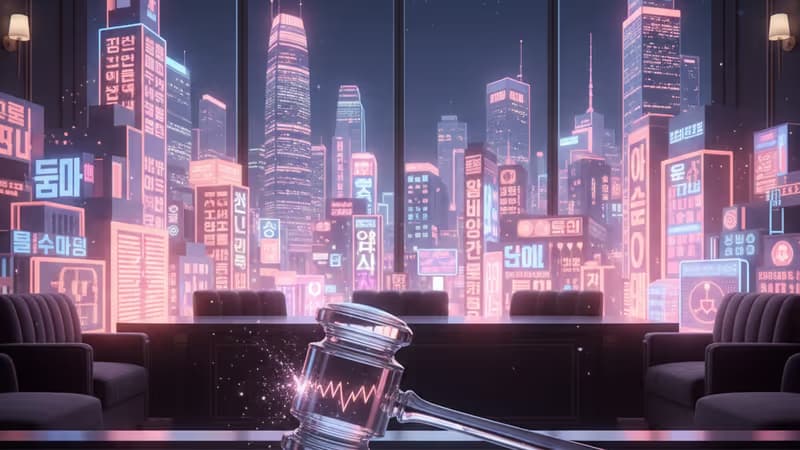 高級感のある暗い会議室で、契約解除と巨額の違約金を象徴するガラスの小槌と下落するグラフ