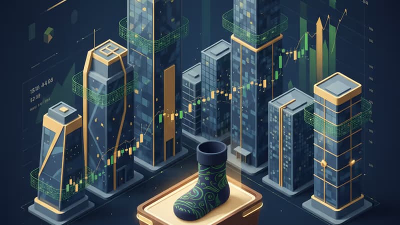 最新のOwletスマートソックと背景に流れる上昇傾向の株価チャート