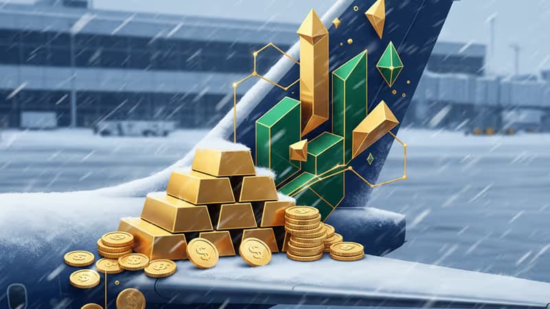 被積雪覆蓋的飛機剪影與暴風雪中的機場跑道