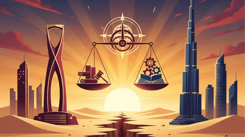 サウジアラビアとUAEの経済対立を象徴する砂漠の亀裂と都市の遠景