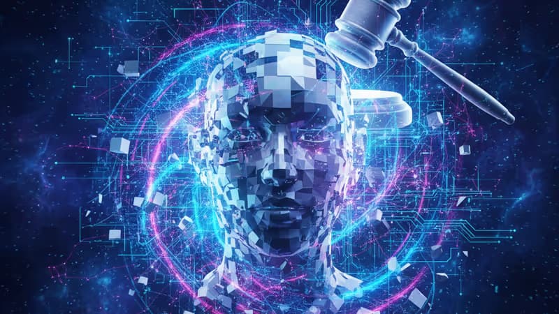 AI生成的像素化人臉與法院法槌的合成影像